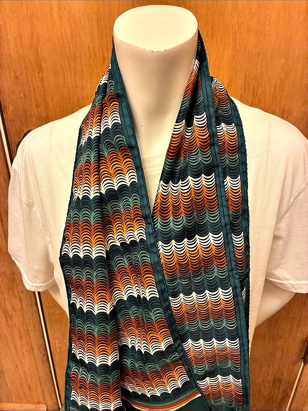 Retro Geometric Scallop Wave Satin Scarf Emerald Green Burnt Orange